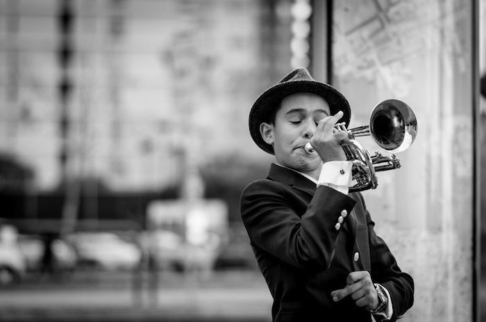 trumpet playing youth BW-Flickr-S Miramontes-CC